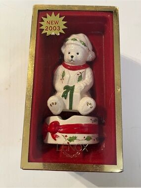 NEW 2003 Lenox Holiday Teddy with Package Stackable Salt & Pepper